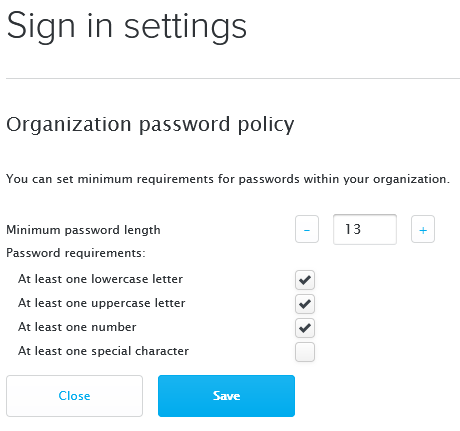 Minimum requirements when creating a password for your account